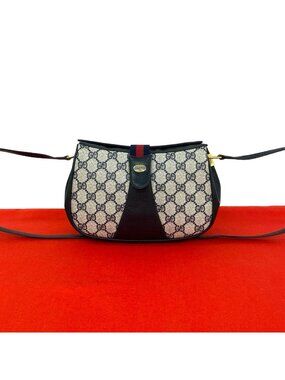 Gucci Vintage GG Logo Pattern Leather Shoulder Bag Pochette Navy